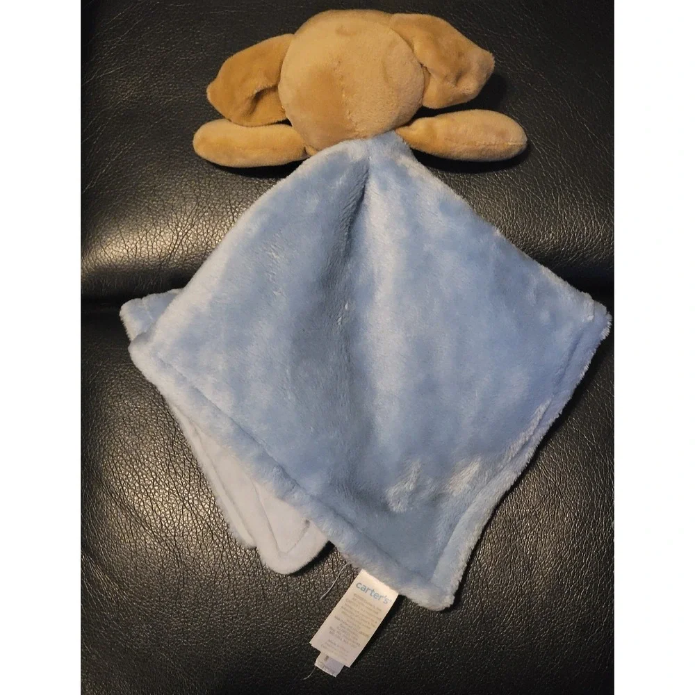 Carter's Brown Puppy Dog Blue Security Blanket Super Soft Plush Baby Lovey EUC